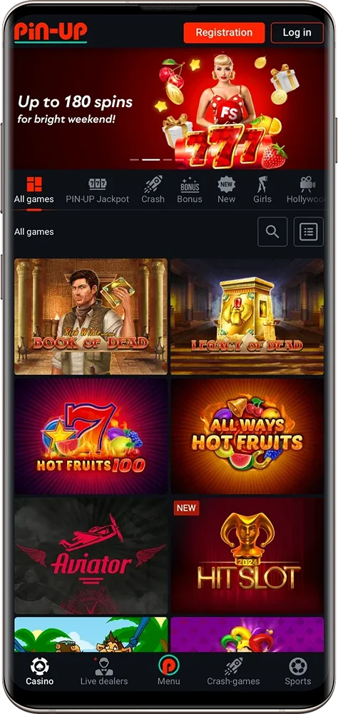 Screenshot of the Pin-Up app Casino section