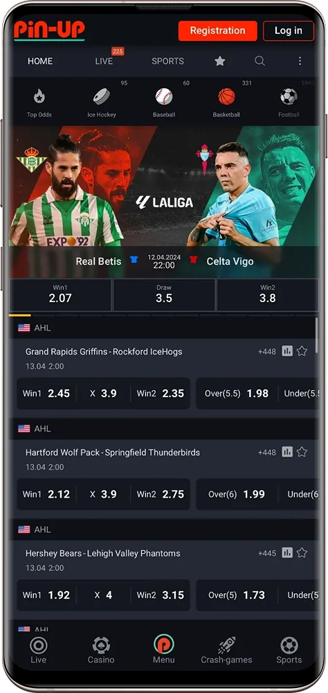 Screenshot of the Pin-Up app betting section