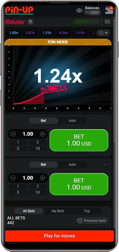 Screenshot of the Pin-Up app Aviator game